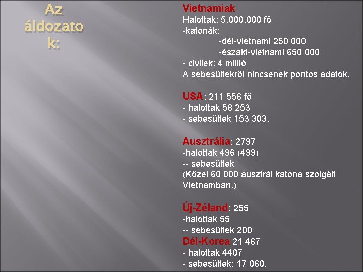 Az áldozato k: Vietnamiak Halottak: 5. 000 fő -katonák: -dél-vietnami 250 000 -északi-vietnami 650