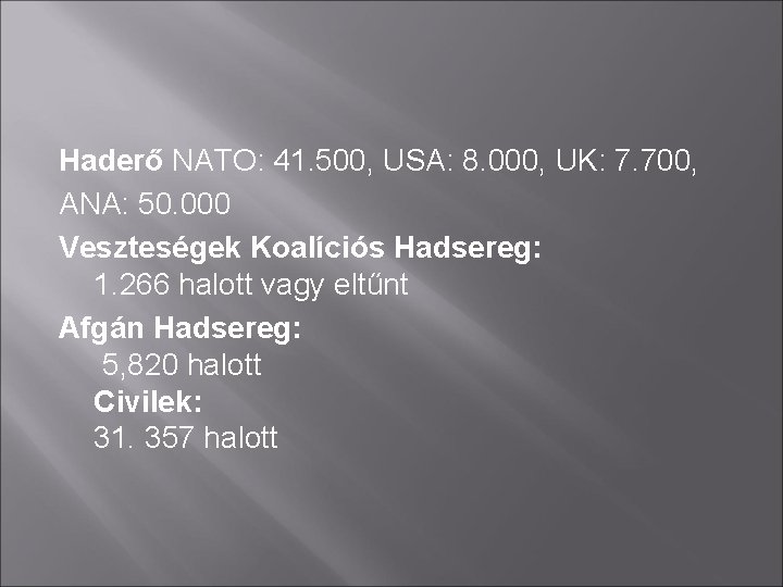 Haderő NATO: 41. 500, USA: 8. 000, UK: 7. 700, ANA: 50. 000 Veszteségek