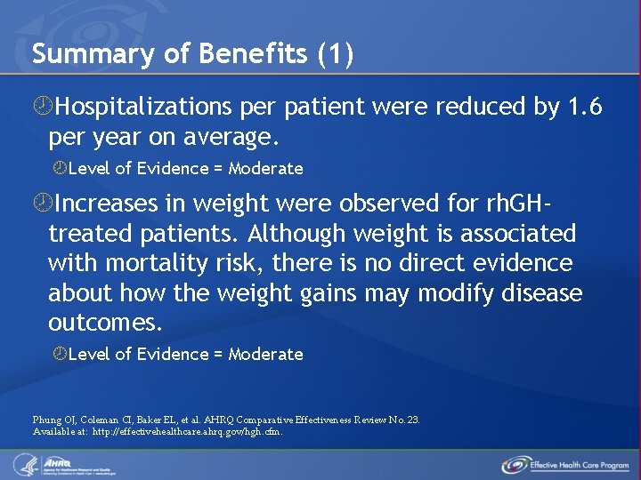 Summary of Benefits (1) Hospitalizations per patient were reduced by 1. 6 per year