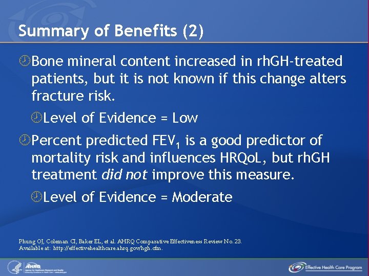 Summary of Benefits (2) Bone mineral content increased in rh. GH-treated patients, but it