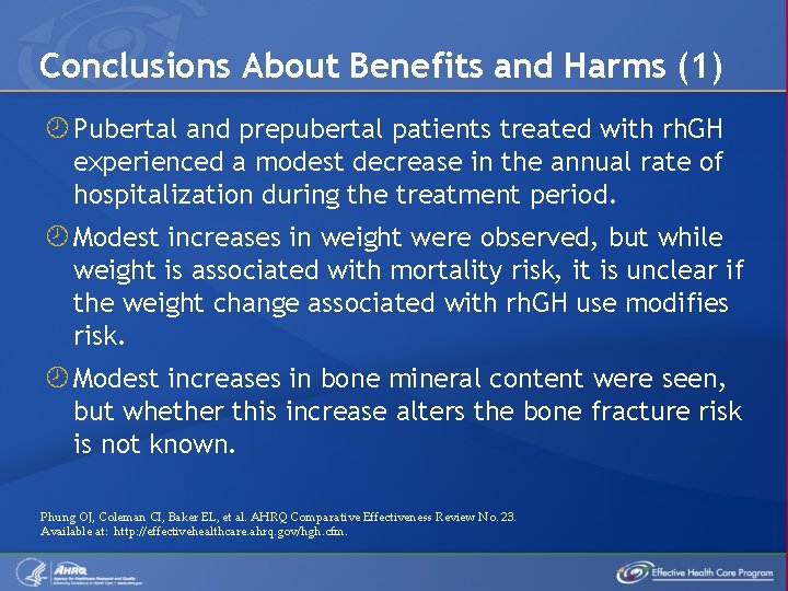 Conclusions About Benefits and Harms (1) Pubertal and prepubertal patients treated with rh. GH