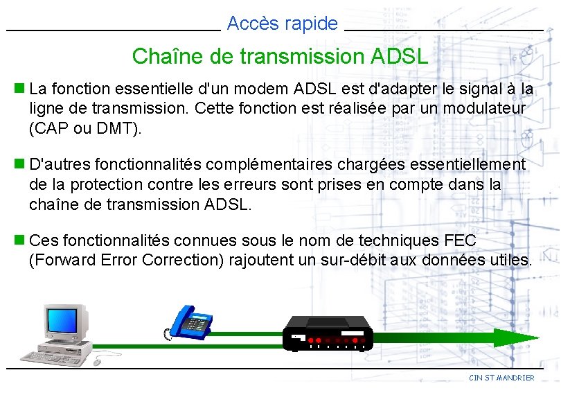 Accès rapide Chaîne de transmission ADSL n La fonction essentielle d'un modem ADSL est