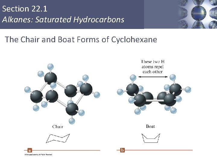 Section 22. 1 Alkanes: Saturated Hydrocarbons The Chair and Boat Forms of Cyclohexane Copyright Section 22. 1 Alkanes: Saturated Hydrocarbons The Chair and Boat Forms of Cyclohexane Copyright