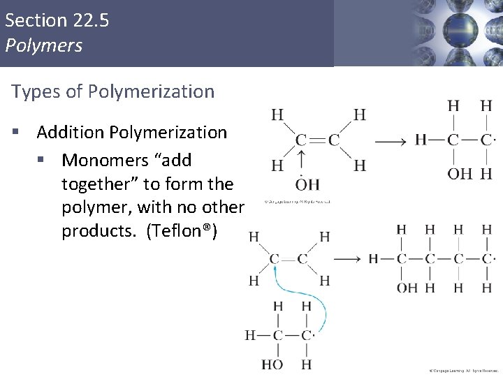 Section 22. 5 Polymers Types of Polymerization § Addition Polymerization § Monomers “add together” Section 22. 5 Polymers Types of Polymerization § Addition Polymerization § Monomers “add together”
