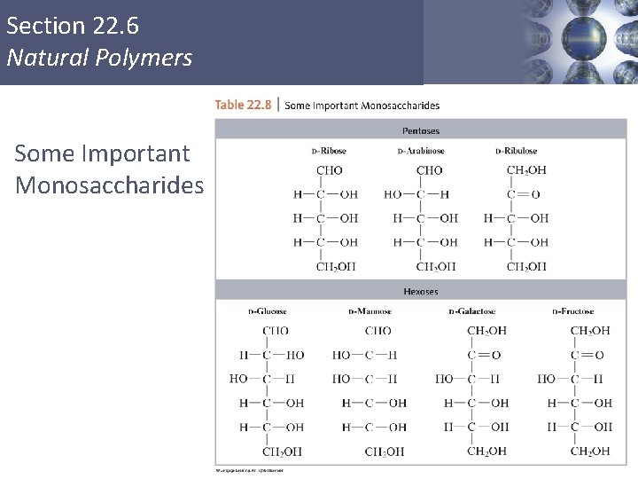 Section 22. 6 Natural Polymers Some Important Monosaccharides Copyright © Cengage Learning. All rights Section 22. 6 Natural Polymers Some Important Monosaccharides Copyright © Cengage Learning. All rights