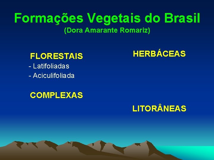 Formações Vegetais do Brasil (Dora Amarante Romariz) FLORESTAIS HERBÁCEAS - Latifoliadas - Aciculifoliada COMPLEXAS