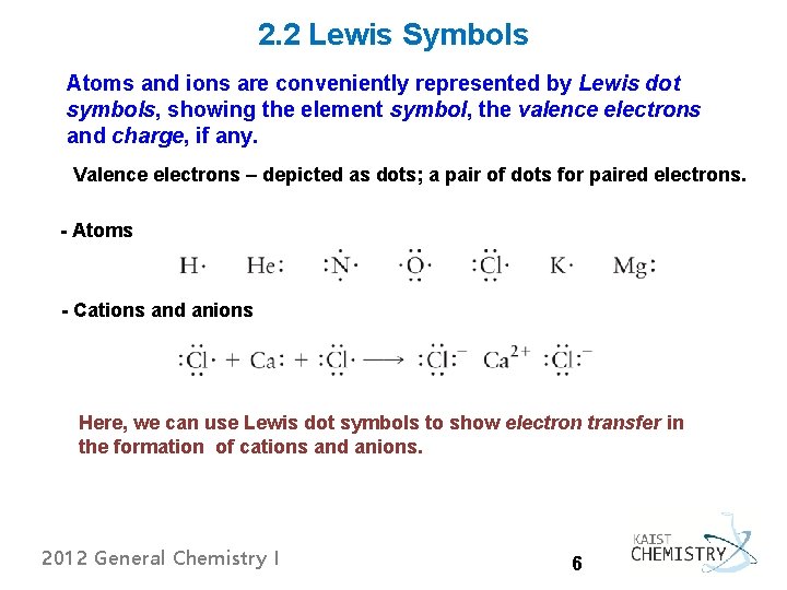 2. 2 Lewis Symbols Atoms and ions are conveniently represented by Lewis dot symbols,