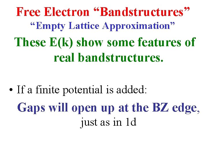 Free Electron “Bandstructures” “Empty Lattice Approximation” These E(k) show some features of real bandstructures.