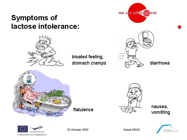 Symptoms of lactose intolerance: bloated feeling, stomach cramps diarrhoea nausea, vomitting flatulence 20 October