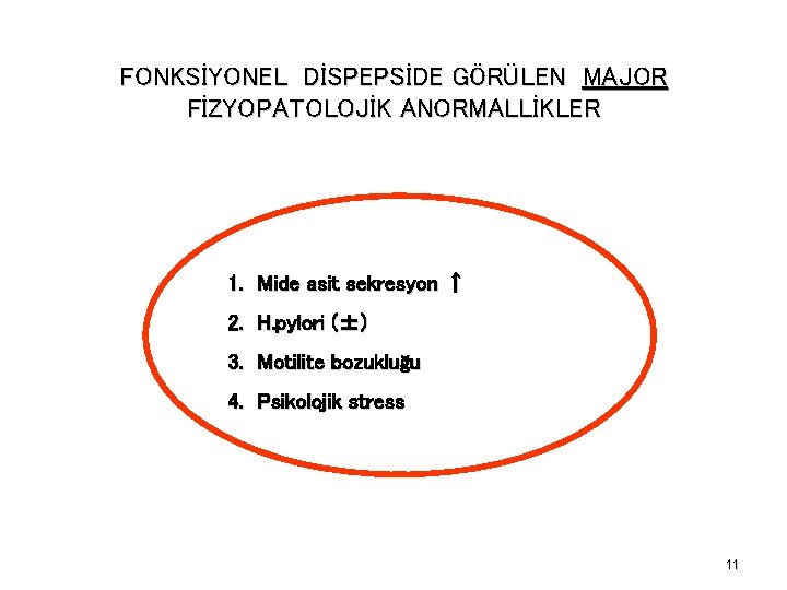 FONKSİYONEL DİSPEPSİDE GÖRÜLEN MAJOR FİZYOPATOLOJİK ANORMALLİKLER 1. Mide asit sekresyon ↑ 2. H. pylori