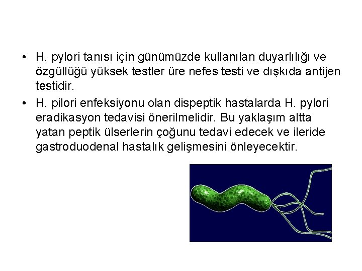  • H. pylori tanısı için günümüzde kullanılan duyarlılığı ve özgüllüğü yüksek testler üre