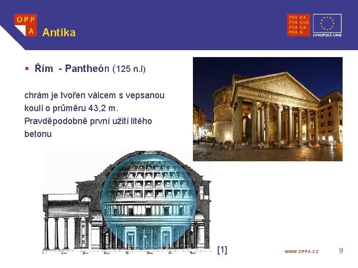 Antika § Řím - Pantheón (125 n. l) chrám je tvořen válcem s vepsanou