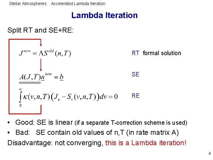 Stellar Atmospheres: Accelerated Lambda Iteration Split RT and SE+RE: RT formal solution SE RE
