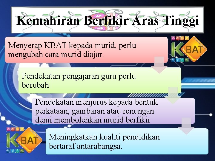 Kemahiran Berfikir Aras Tinggi Menyerap KBAT kepada murid, perlu mengubah cara murid diajar. Pendekatan