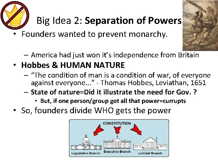 Big Idea 2: Separation of Powers • Founders wanted to prevent monarchy. – America