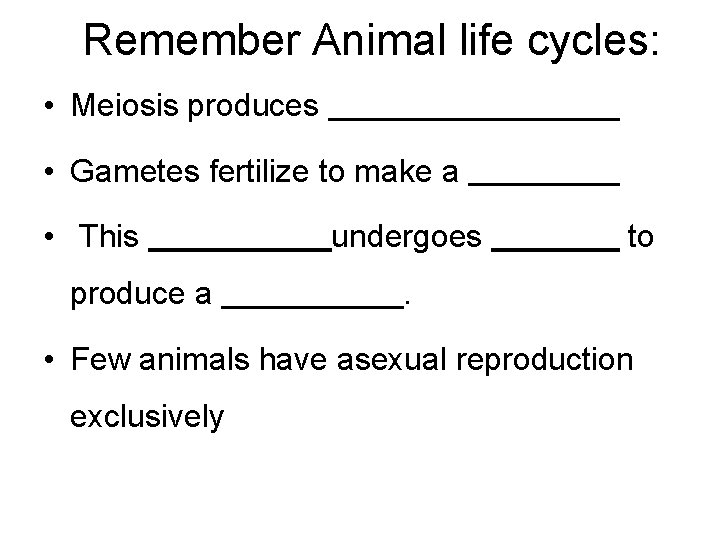 Remember Animal life cycles: • Meiosis produces • Gametes fertilize to make a •