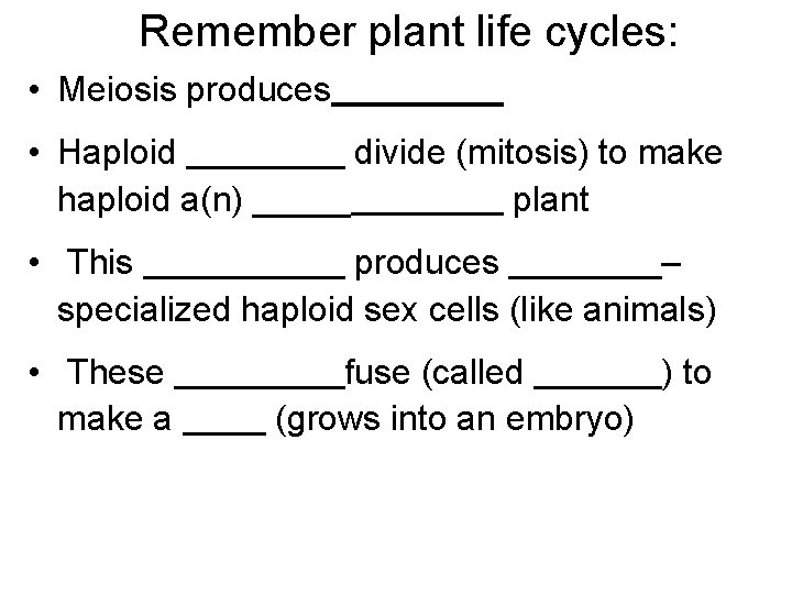 Remember plant life cycles: • Meiosis produces • Haploid divide (mitosis) to make haploid