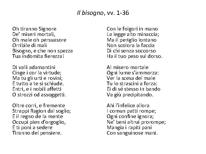 Il bisogno, vv. 1 -36 Oh tiranno Signore De' miseri mortali, Oh male oh