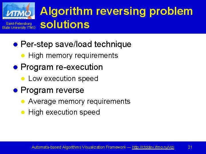 Saint-Petersburg State University ITMO l Per-step save/load technique l l High memory requirements Program