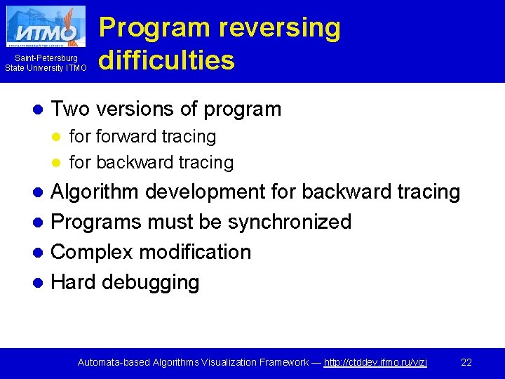 Saint-Petersburg State University ITMO l Program reversing difficulties Two versions of program forward tracing