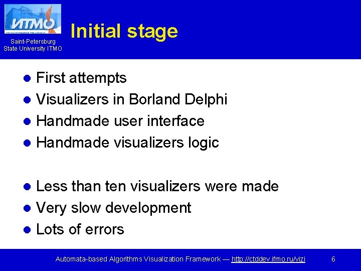 Saint-Petersburg State University ITMO Initial stage First attempts l Visualizers in Borland Delphi l