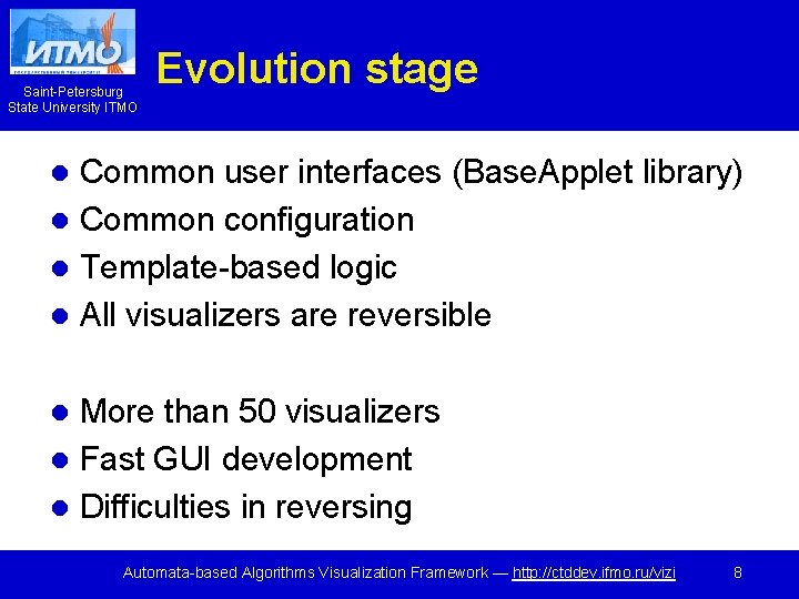 Saint-Petersburg State University ITMO Evolution stage Common user interfaces (Base. Applet library) l Common