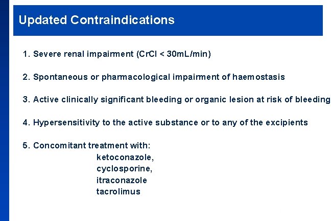 Updated Contraindications 1. Severe renal impairment (Cr. Cl < 30 m. L/min) 2. Spontaneous