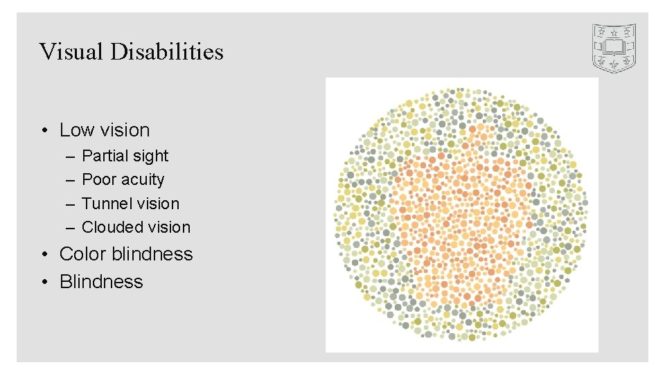 Visual Disabilities • Low vision – – Partial sight Poor acuity Tunnel vision Clouded