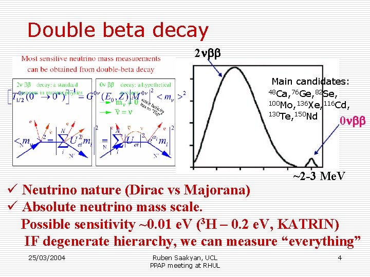 Double beta decay 2 nbb Main candidates: 48 Ca, 76 Ge, 82 Se, 100