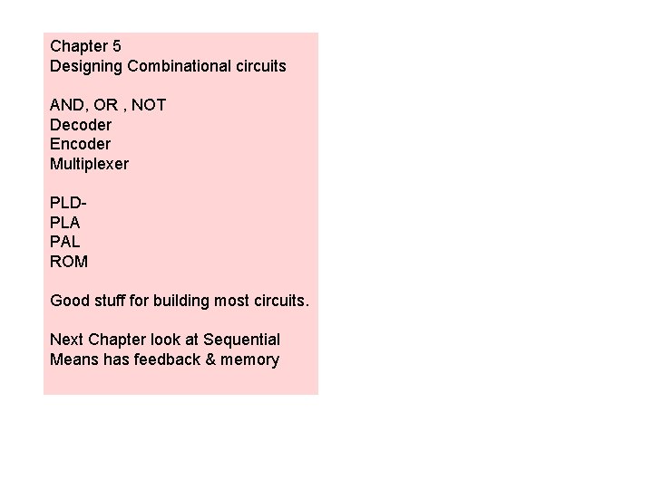 Chapter 5 Designing Combinational circuits AND, OR , NOT Decoder Encoder Multiplexer PLDPLA PAL