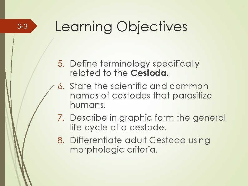 3 -3 Learning Objectives 5. Define terminology specifically related to the Cestoda. 6. State