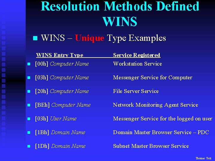 Resolution Methods Defined WINS n WINS – Unique Type Examples n WINS Entry Type