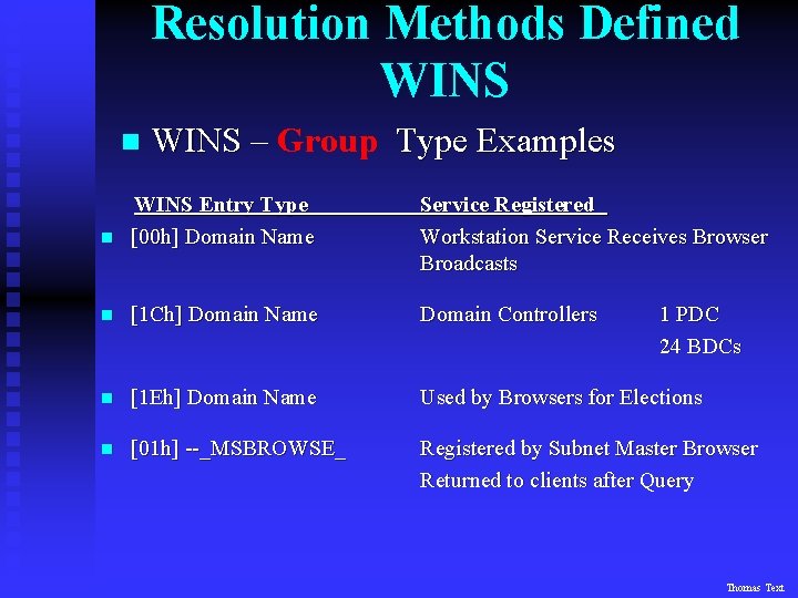 Resolution Methods Defined WINS n WINS – Group Type Examples n WINS Entry Type