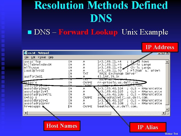Resolution Methods Defined DNS n DNS – Forward Lookup Unix Example IP Address Host