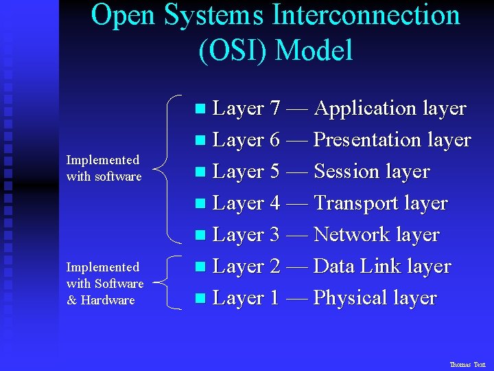 Open Systems Interconnection (OSI) Model Layer 7 — Application layer n Layer 6 —