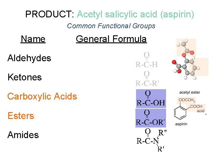 PRODUCT: Acetyl salicylic acid (aspirin) Common Functional Groups Name General Formula Aldehydes Ketones Carboxylic