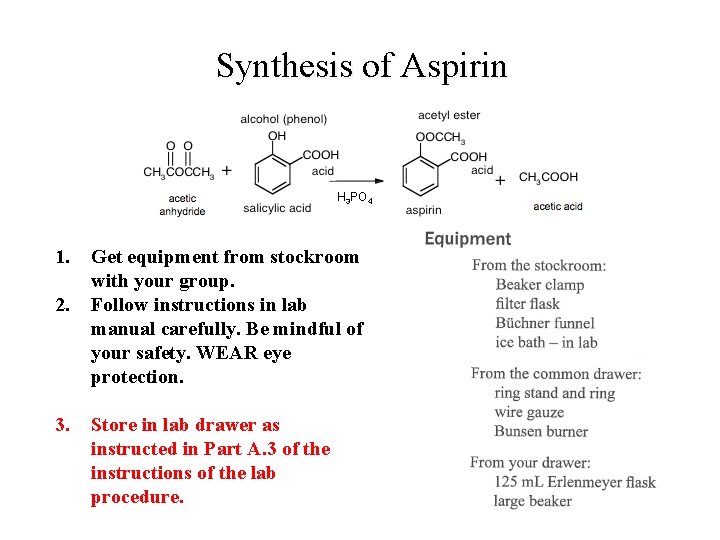 Synthesis of Aspirin H 3 PO 4 1. 2. 3. Get equipment from stockroom