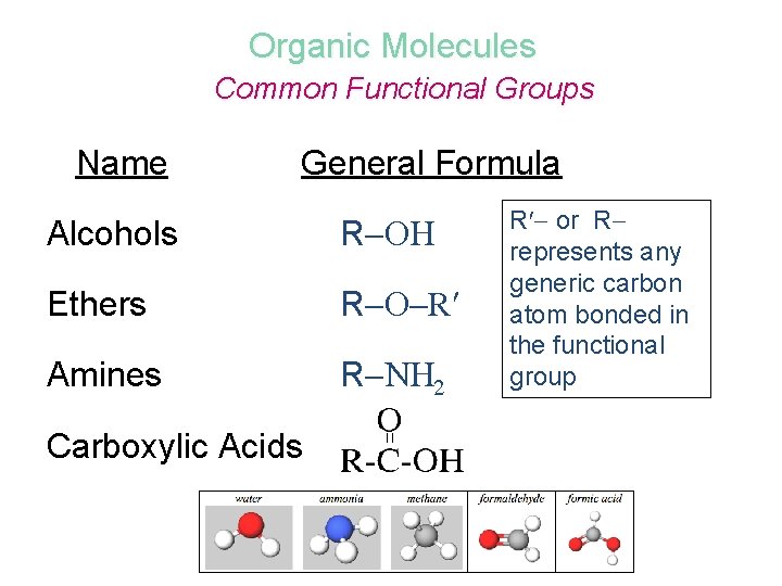 Organic Molecules Common Functional Groups Name General Formula Alcohols R Ethers R R Amines