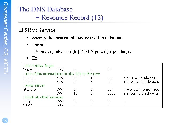 Computer Center, CS, NCTU 16 The DNS Database – Resource Record (13) q SRV: