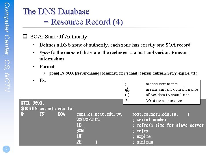 Computer Center, CS, NCTU The DNS Database – Resource Record (4) q SOA: Start