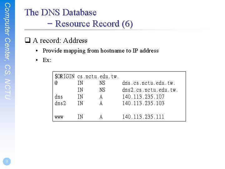 Computer Center, CS, NCTU The DNS Database – Resource Record (6) q A record: