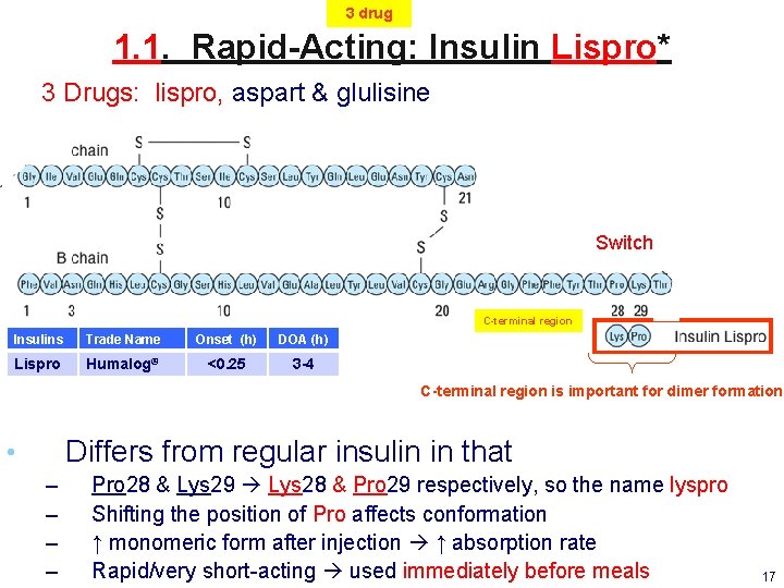 3 drug 1. 1. Rapid-Acting: Insulin Lispro* 3 Drugs: lispro, aspart & glulisine Switch