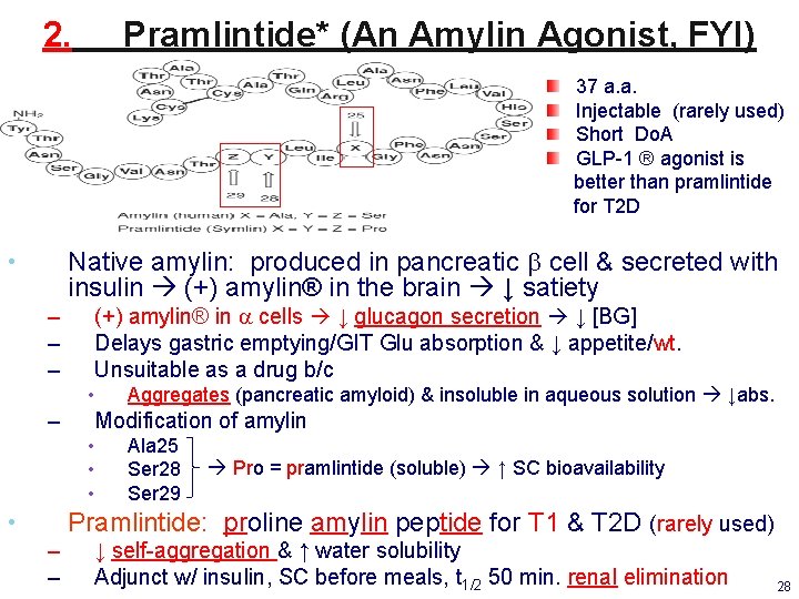 2. Pramlintide* (An Amylin Agonist, FYI) 37 a. a. Injectable (rarely used) Short Do.