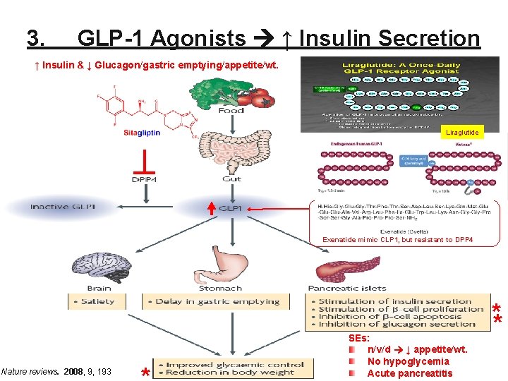 3. GLP-1 Agonists ↑ Insulin Secretion ↑ Insulin & ↓ Glucagon/gastric emptying/appetite/wt. Liraglutide Exenatide