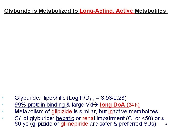 Glyburide is Metabolized to Long-Acting, Active Metabolites • • Glyburide: lipophilic (Log P/D 7.