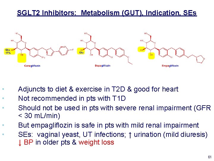 SGLT 2 Inhibitors: Metabolism (GUT), Indication, SEs • • • Adjuncts to diet &