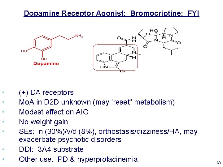 Dopamine Receptor Agonist: Bromocriptine: FYI • • (+) DA receptors Mo. A in D