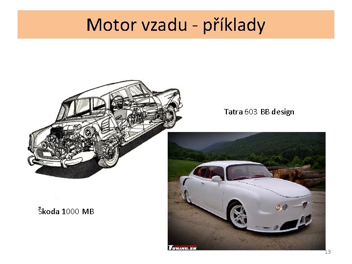Motor vzadu - příklady Tatra 603 BB design Škoda 1000 MB 13 