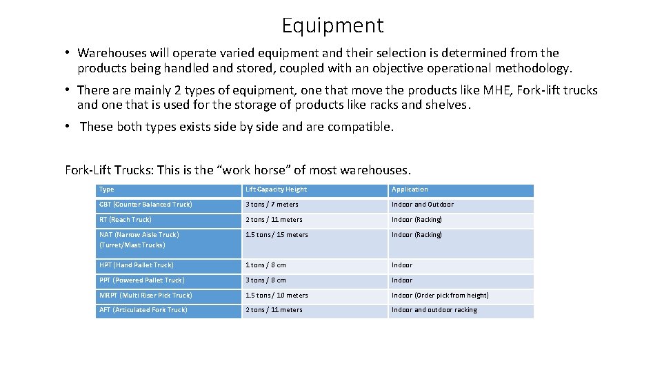 Equipment • Warehouses will operate varied equipment and their selection is determined from the