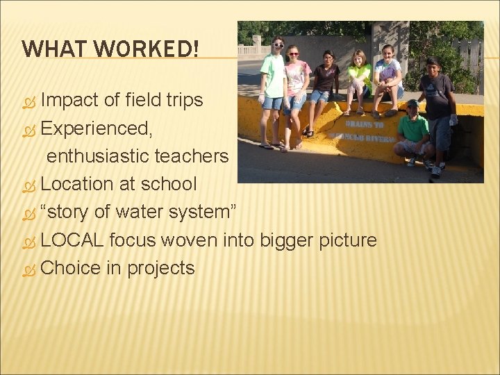 WHAT WORKED! Impact of field trips Experienced, enthusiastic teachers Location at school “story of